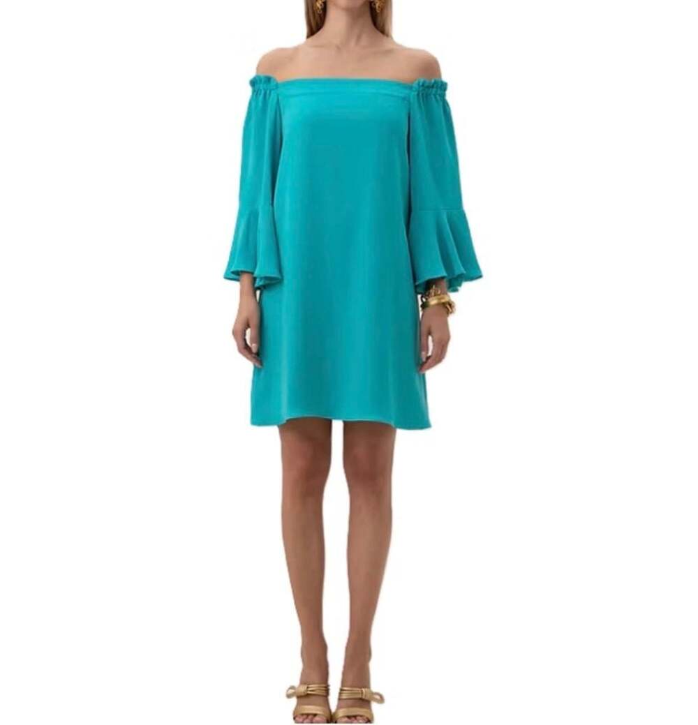 Trina Turk Knox Off-the-Shoulder Ruffle Sleeve Mini Dress in Tranquil Turquoise